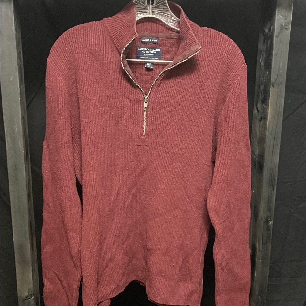 American Eagle Outfitters Men's Burgundy Zip-Up Sweater